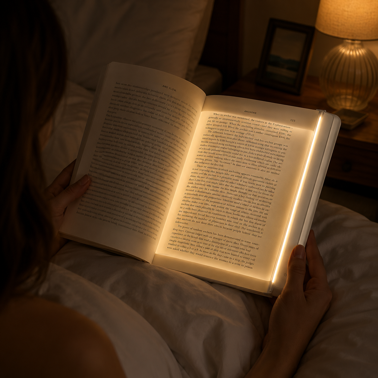 Woman reading in bed with LumiPage on her book